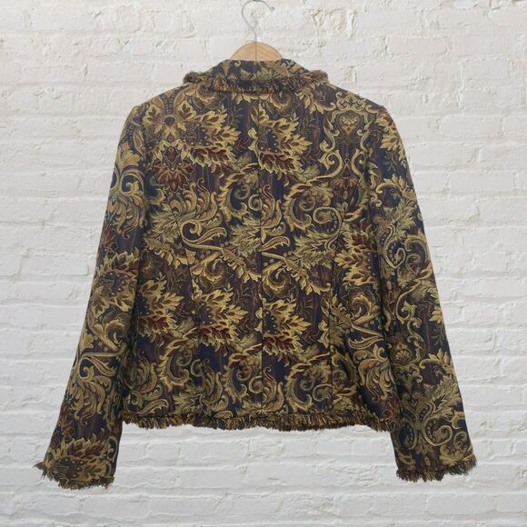 ICE Tapestry Brocade Jacket Size 12 Fringe Gold Navy Baroque Jeweled Buttons - Picture 3 of 16